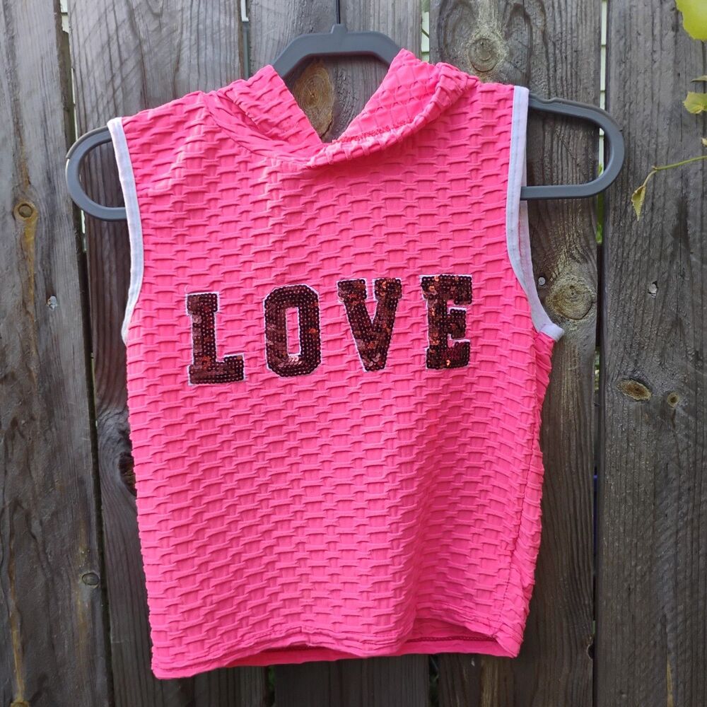 Hot Pink Textured Honeycomb Sleeveless HoodCrop Top M/L Sequin LOVE Barbiecore